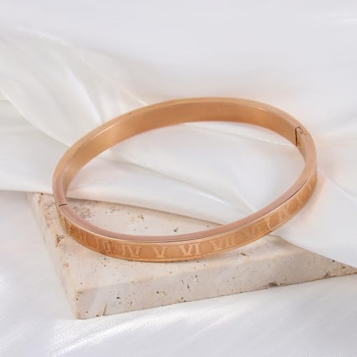 4/6/8mm Numeral Bangle Stainless Steel Engraved Unisex Bracelet Inspirational Gifts for Her - color: Rose Gold, size: 6mm