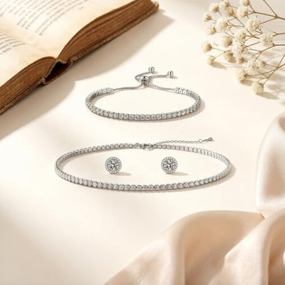 Silver Tennis Necklace and Bracelet Set for Women Wedding Jewelry Sets for Brides Earrings Prom Bridesmaid Jewelry - color: Silver01