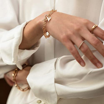 PEARLADA 18k Gold Plated Chain Layerd Bracelet Coin Charm Toggle Bracelet Trendy Cubic Zirconia Jewelry - color: 2. Double strand heart charm