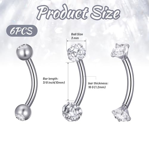 6 Pcs Bridge Piercing Jewelry - Stainless Steel Curved Barbell Piercing Jewelry, 16 Gauge 10mm Eyebrow Rings, Nose Bridge, Surface Tragus Earrings
