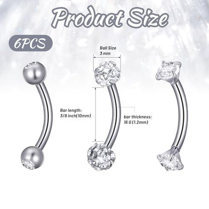 6 Pcs Bridge Piercing Jewelry - Stainless Steel Curved Barbell Piercing Jewelry, 16 Gauge 10mm Eyebrow Rings, Nose Bridge, Surface Tragus Earrings
