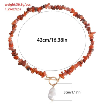 Bohemian Stone Pearl Choker Necklace for Women Dainty Natural Irregular Stone Choker Turquoise Beaded Lariat Necklace Simple Fashion OT Toggle Spiritual Handmade Jewelry - color: Red
