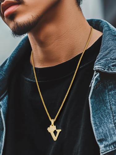 U7 Crown Initial Necklace Men Women, Bling Diamond A-Z 0-9 Letter Pendant with Wheat Chain, Silver/Black/Gold Plated CZ Alphabet Number Hip Hop Jersery for Father Husband - color: a. Gold, size: 22. V