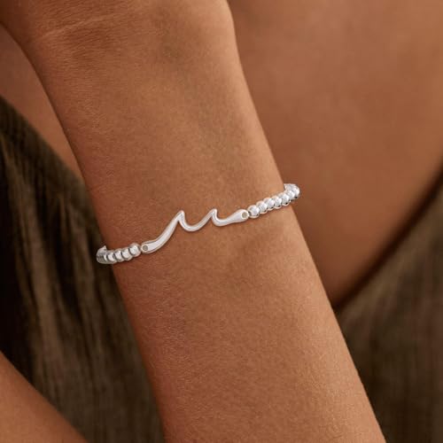 Beaded Bracelets for Women 14K Silver Gold Plated Stretch Handmade Ball Bracelets Cute Charm Bracelet Dainty Stackable Cross Heart Bow Wave CZ Circle Trendy Jewelry Easter Gifts - color: wave-silver
