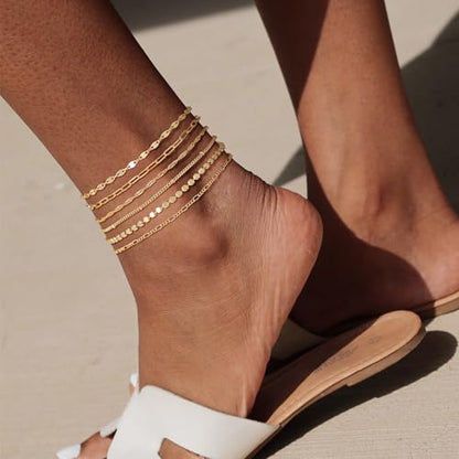 Tewiky Waterproof Ankle Bracelets for Women, 14K Real Gold Plated Anklets for Women 6PCS Anklet Set Dainty Summer Beach Jewelry - color: 6pcs set-A