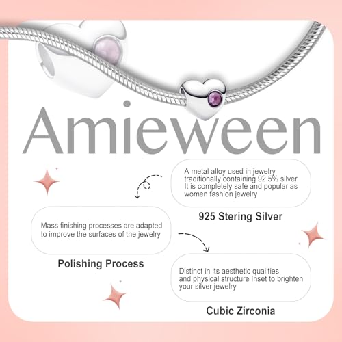 Birthstone Charm, Heart Charm Bead with CZ, for Anniversary Birthday Mothers Valentines Day Christmas Graduation, for Yourself Family Mom Friend Girlfriend Sister Grandma - style: Feb.