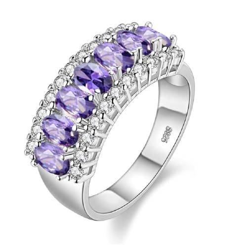 Uloveido Beautiful Women's 7 Stones Wedding Band Oval Cubic Zirconia Engagement Anniversary Rings J501 - color: Platinum-Purple