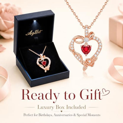 Heart Birthstone Necklace, LED Gift Box | Heart birthstone necklace with rose CZ pendant and LED gift box, ready-to-gift birthday gift for mom, wife, grandma, sister - color: White Gold 05-May Emerald
