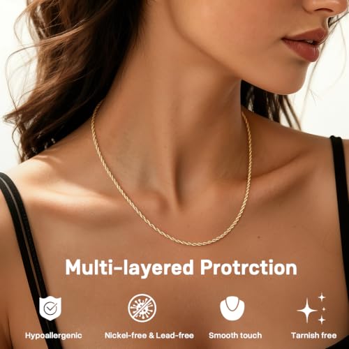 925 Sterling Silver Chain Necklace for Women, 2mm Rope Chains 14K Gold Plated Chain for Women Shiny Women's Chains Necklace 16 18 20 22 24 26 Inch - color: 14K Gold Plated