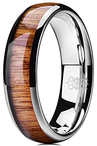 THREE KEYS JEWELRY Tungsten Wedding Band Koa wood Inlay Black Domed | 4mm, 6mm, 8mm, Everyday Wear, Black, Domed, Koa wood inlay - color: Silver 6mm