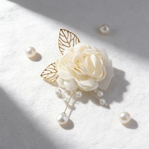Handmade Elegant Red Rose Flower Brooch Pin for Women Crystal Pearl Fabric Flower Lapel Pin Dress Suit Accessories - color: White B