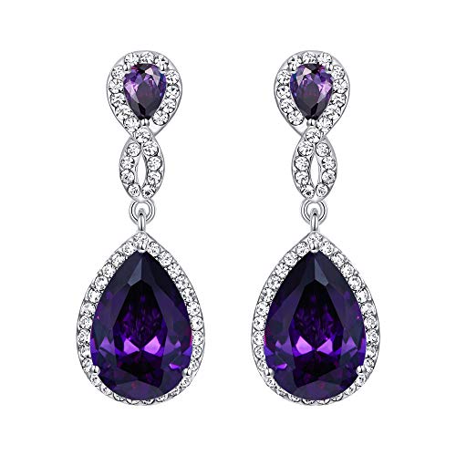 EVER FAITH Cubic Zirconia Wedding Earrings for Women Brides, Austrian Crystal Birthstone 8-Shape Infinity Bridal Dangle Earring - style: Pierced_Purple Silver-Tone