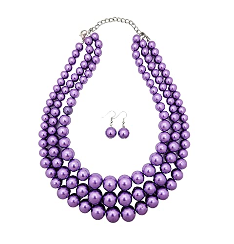 Simulated Pearl Necklace & Earring Set, Multi Strand - color: Lavender