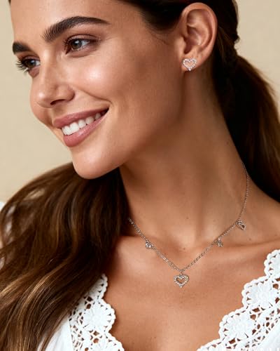 Silver Heart Jewelry Set for Women with Cubic Zirconia Heart Pendant CZ Adjustable Chain Necklace and Minimalist Small Stud for Wedding