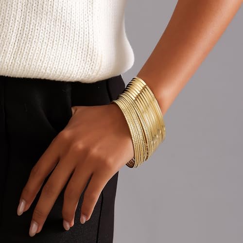 Gold Bangles for Women, 12 Pcs Boho Stackable Bracelets Multi Layer Textured Chunky Bracelets Jewelry Set for Women - color: Style B- 17 pcs gold
