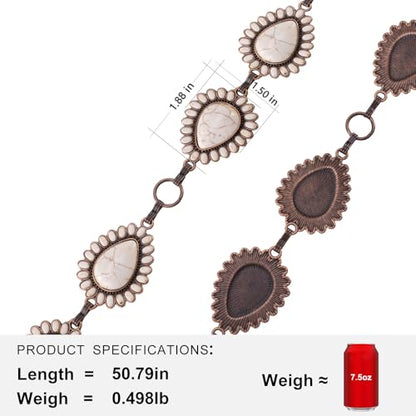 Montana West Rustic Couture's Turquoise Western Concho Chain Belt for Women | Large Western Cowgirl Metal Adjustable Boho Body Chain Belt for Dresses Jeans Country Concert - color: Buttery White-g