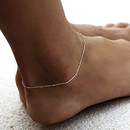 Dainty Simple Chain Anklet for Women 18k Gold/Silver Plated Summer Beach Beaded Evil Eye Moon Figaro Butterfly Satellite Cuban Pearl Flat Marina Anklet Gift - color: Satellite -Silver
