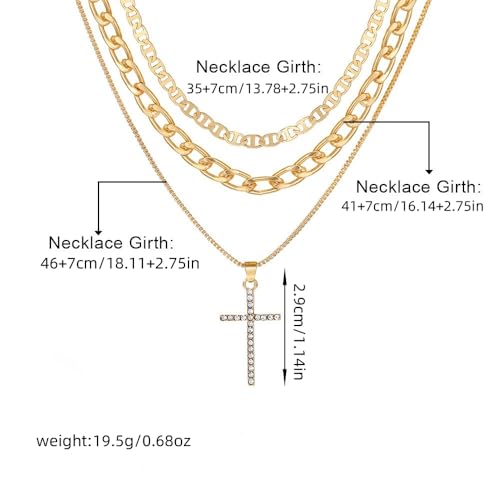 Necklace 14K Gold Plated Three-Layer Sparkling Cross Pendant Elegant Timeless Design Lobster Clasp Adjustable Extender - style: 14K Gold 3-Layered Cross with Diamond