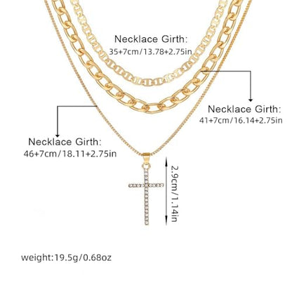 Necklace 14K Gold Plated Three-Layer Sparkling Cross Pendant Elegant Timeless Design Lobster Clasp Adjustable Extender - style: 14K Gold 3-Layered Cross with Diamond