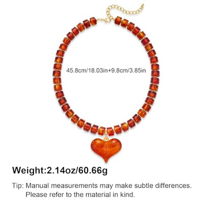YUJIE Chunky Heart Pendant Necklace for Women- Exaggerated Statement Puff Heart Necklace with Acrylic Beaded Chain - color: amber