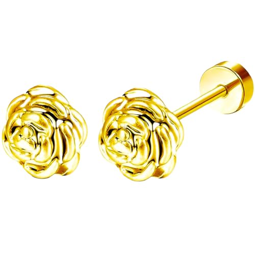 Stainless Steel Stud Earring 1 Pair Gold Flatback Earrings Hypoallergenic Screwback Jewellery Flat Back Helix Jewelry for Sensitive Ears Women Ladies Aretes De Mujer - style: Flower
