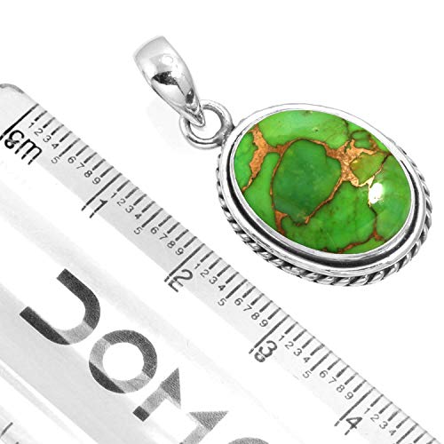 Chunky Natural Gemstone Pendant Necklace For Women Onyx, Turquoise, Amber, Garnet Oval Boho Genuine 925 Sterling Silver Handmade Jewelry - color: Copper Green Turquoise