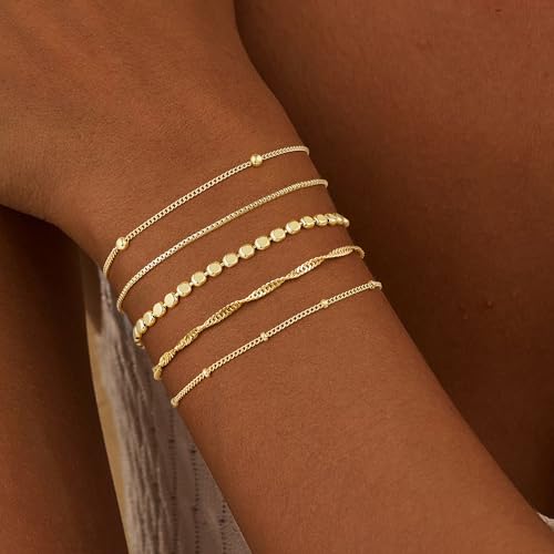 Gold Bracelet for Women, Waterproof Jewelry,5PCS | 14K Gold Plated Bracelets Stacks Non-Tarnish, Lightweight & Comfy, Trendy Adjustable Dainty Links, Women’s Jewelry Gift - color: 5 pcs-Big Satellite+Box+Flat Bead+Twist+Small Satellite