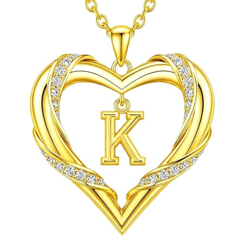 Midari 18K Gold Initial Letter Necklace for Women 18K Gold Initial Heart Capital Monogram Necklace for Mom Wife Alphabets from A-Z - color: K