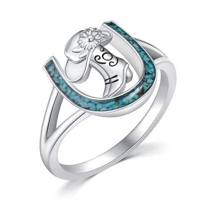 Horseshoe Ring 925 Sterling Silver Turquoise Cowboy Boot Ring Western Jewelry Cowgirl Gifts for Women Girlfriend Cowgirl