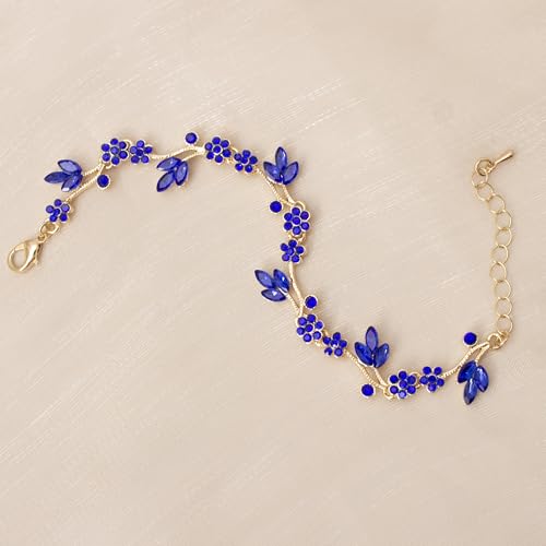 Brides Bridesmaid Flower Leaf Choker Necklace Dangle Earrings Link Bracelet Austrian Crystal Wedding Jewelry Set for Prom Costume Party Accessories for Woman - color: Blue-Gold Plated