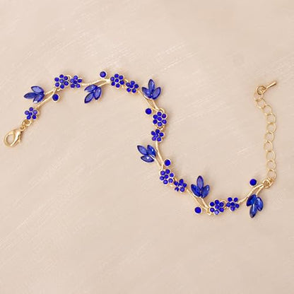 Brides Bridesmaid Flower Leaf Choker Necklace Dangle Earrings Link Bracelet Austrian Crystal Wedding Jewelry Set for Prom Costume Party Accessories for Woman - color: Blue-Gold Plated