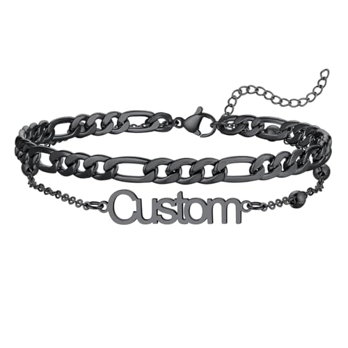 U7 Custom Layered Ankle Bracelets for Women Stainless Steel Bead/Cuban/Figaro/Rope/Wheat Chain Anklet Waterproof Anklet Jewelry for Beach Vacation - color: c-Black-Figaro Chain