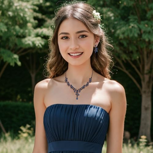 BriLove Wedding Jewelry Set for Women Bride, Y-Necklace Dangle Earrings Crystal Teardrop Leaf Flower Cluster Bridal Bridesmaid - color: 08-Sapphire Color