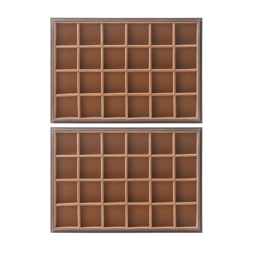 Wood Jewelry Organizer Tray, Earrings Holder (Brown, 2Pc, 24 Grids) | Stackable Earrings Organizer, Earrings Display Tray, 24 Grids Ring Holder, Space-Saving Storage - size: 24Grids+24Grids