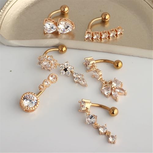 6Pcs 14G Surgical Steel Reversed Belly Button Rings for Women Sparkling CZ Crystal Dangle Belly Button Ring Curved Navel Barbell 3/8" 10mm Navel Piercing Jewelry - color: Rose Gold