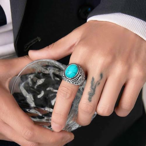 Retro Large Tiger Eye Stone Turquoise Wedding Ring For Men Classical Gothic Stainless Steel Rings - color: Silver-Turquoise2