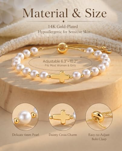 HGDEER God's Blessing Cross Bracelet for Women & Teens, Christian Gift | 14K Gold Plated, Natural Malachite & Turquoise Beads, Secure Adjustable Bolo Clasp, Hypoallergenic, Gift for Women & Teens - color: White