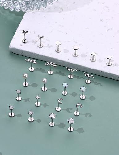 316L Stainless Steel 20G/16G Threadless Flat Back Push In Earrings Women | 11 Pairs 316L Hypoallergenic CZ Cartilage Conch Tragus Stud Earrings Nose Rings for Women, 14K Gold Plated, Silver, 6/7/8mm - color: Silver Plated, size: 20G- bar length: 6/7/8mm