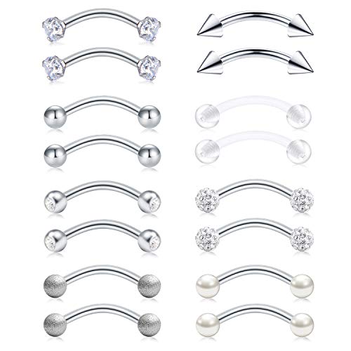 Briana Williams 6pcs Stainless Steel Rook Daith Earrings Belly Lip Ring Eyebrow Studs Cartilage Tragus Cubic Zirconia Barbell Body Piercing 8mm (5/16") - color: Style B -Silver 8 pairs