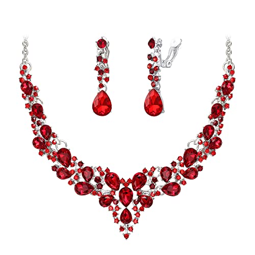 Wedding Statement Necklace Clip-on Earrings Jewelry Set | Sparkling Austrian Crystal Teardrop Cluster for Party Prom Accessories - color: 06-Ruby Color Silver-Tone