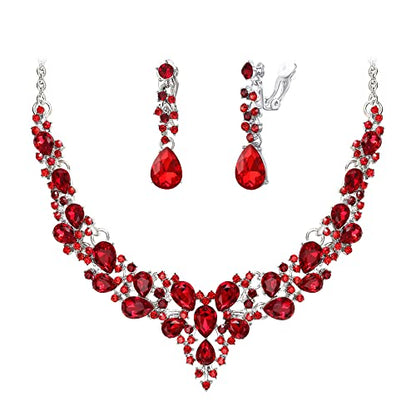 Wedding Statement Necklace Clip-on Earrings Jewelry Set | Sparkling Austrian Crystal Teardrop Cluster for Party Prom Accessories - color: 06-Ruby Color Silver-Tone