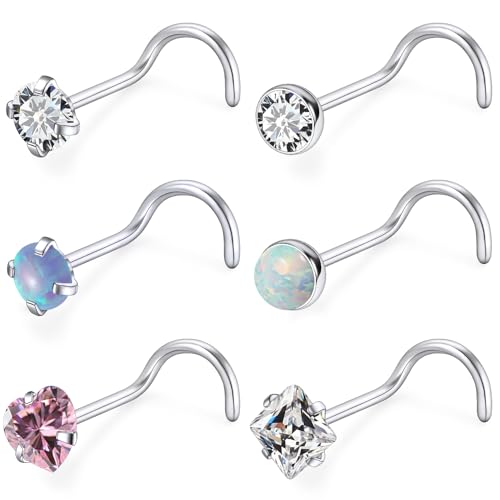 6 Pcs 18G 20G Surgical Steel Nose Rings Studs for Women Opal Nose Rings Diamond CZ Nose Studs L Shaped Nose Nostril Piercing Jewelry Hypoallergenic - style: 18G,Screw