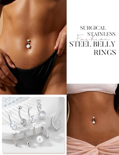 Hypoallergenic Belly Button Ring for Women | 14G, Stainless Steel, Gold Heart CZ Beaded Ball Pearl Belly Ring Stack, Curved Navel Belly Button Piercing Body Jewelry, 9PCS - color: 9PCS-Silver Plated
