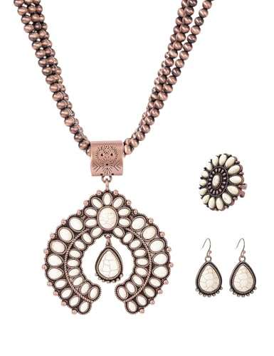 TOPACC Western Jewelry Set for Women Navajo Pearl Necklace Turquoise Cowgirl Accessories for Country Concert Outfit - color: D-White