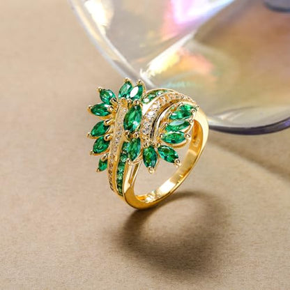 Statement Flower Ring Cocktail Leaf Ring Birthstone Anniversary Signet Ring | Hypoallergenic|14K Gold Plated|Sterling Silver Sparkling Engagement Promise Party Ring for Women, Size 6 to 10(With Box) - color: Leaf - Emerald