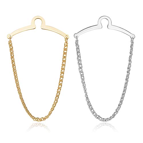 JOVIVI 2pcs Set Men's Silver Golden Necktie Tie Clips Link Chain Cravat Collar Pins Brooch w/Box