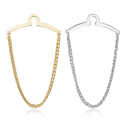 JOVIVI 2pcs Set Men's Silver Golden Necktie Tie Clips Link Chain Cravat Collar Pins Brooch w/Box