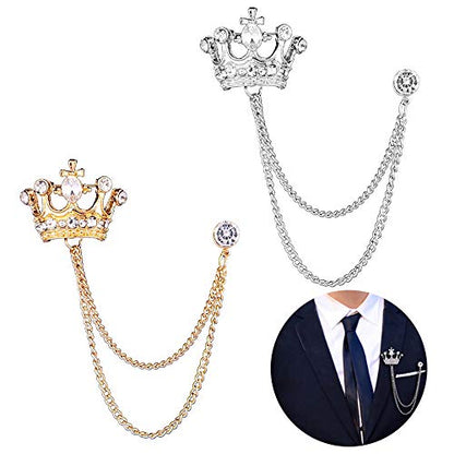 2PCS Men's Crown Hanging Chain Brooch with Stone Detailing, Engraving, Metal Crystal, Suit Stud Lapel Pin, Vintage Rhinestone Breastpin Wedding Brooch Pin, Gold and Silver