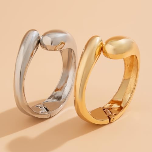 Gold Bangle Bracelets for Women Chunky Cuff Bracelet 18K Gold Plated Open Teardrop Bangle Set Wide Wire Irregular Minimalist Silver Jewelry