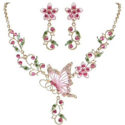 EleQueen Women's Crystal Butterfly Flower Leaf Necklace Earrings Set | Crystal Jewelry Set for Brides Bridesmaids, Necklace Set for Party - color: Gold-Tone Pink